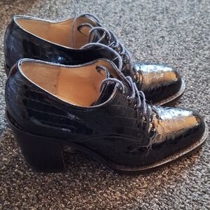 Freelance Black Crocodile Pattern Heeled Lace-up Oxford Block Heel Booties 36 EU